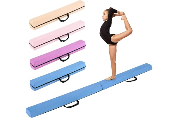 COSTWAY Poutre de Gymnastique Pliable, Barre de Gymnastique au Sol Portable en Mousse avec Housse en Daim Amovible et Fond Antidérapant Poignées, pour Enfants, Gymnastes