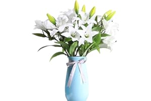 GKONGU Flor Artificial Lirio, GKONG Pack de 4 Ramos Realista Flores Ramos de Aspecto Natural Lirio con 3 Flores y Ramas, Ideal para Habitación Parte Festivales Celebración Jarrón Decoración-Blanco