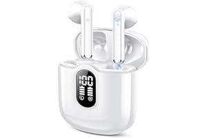 Aptkdoe Auriculares Inalambricos, Mini Auriculares Bluetooth 5.3 HiFi Estéreo con HD Micró, 30H de Reproducción Pantalla LED Cascos Inalambricos con IP7 Impermeable, Control Táctil, USB-C, Blanco