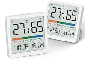 NOKLEAD Termometro Igrometro Temperatura Umidità Monitor Sensore Interno Mini LCD Digitale Misuratore con Livello di Comfort Orologio Data Interruttore ℃/℉ 12/24Hr per Casa Calibrazione,2 Pezzi