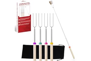 ELVYNIA 4 Pack Marshmallow Toasting Forks Kit - Extending Stainless Steel U-Shape Smores Sticks for Roasting & Toasting Over an Open BBQ - Retractable Fire Pit Accessories for Outdoor, Indoor Campfire