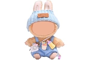 Aicerous Vetement Set pour Labub Peluche, 17cm Labub Costume, Costume en Peluche Labub (poupée Labub Non Incluse), Comprend 1 Pantalon à Bretelles, 1 Chapeau, 1 Appareil Photo et 1 Bouteille
