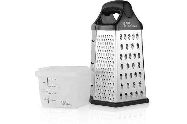 Joeji's Kitchen 6-sidigt rivjärn handhållen svart silver med mätbehållare och lock multifunktionellt köksredskap, perfekt för rivning, skivhackning
