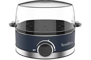 TERRAILLON - NEW MOON - Cuiseur à oeuf électrique, Capacité 7 oeufs, 410 W, Minuteur intégré, couvercle intégré, gobelet de mesure, Corps Inox peint, Bleu