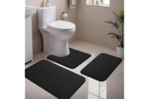 NAKIHOUSE Badematte Set 3-teilig aus Memory Foam, rutschfest & Saugfähig, Waschbar, Weich & Schnell Trocknend, Badezimmerteppich für Dusche, WC & Badewanne,Schwarz