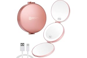 B Beauty Planet Miroir grossissant Lumineux,Miroir grossissant de Voyage Pliant X20/X5/X1,Miroir de Poche Rechargeable et Pliable,Multifonctions pour Tous Vos Besoins,10cm Rose