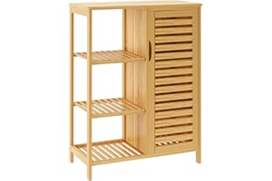 SDHYL Armadietto laterale in bambù con 1 anta e 3 ripiani aperti, ripiani aperti e ripiano regolabile multifunzionale, per cucina e soggiorno