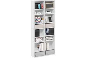 Furinno Jaya Multimedia-Medienspeicher-Tower-Rack mit 16 Regalen und verstellbaren Regalen, Weiß