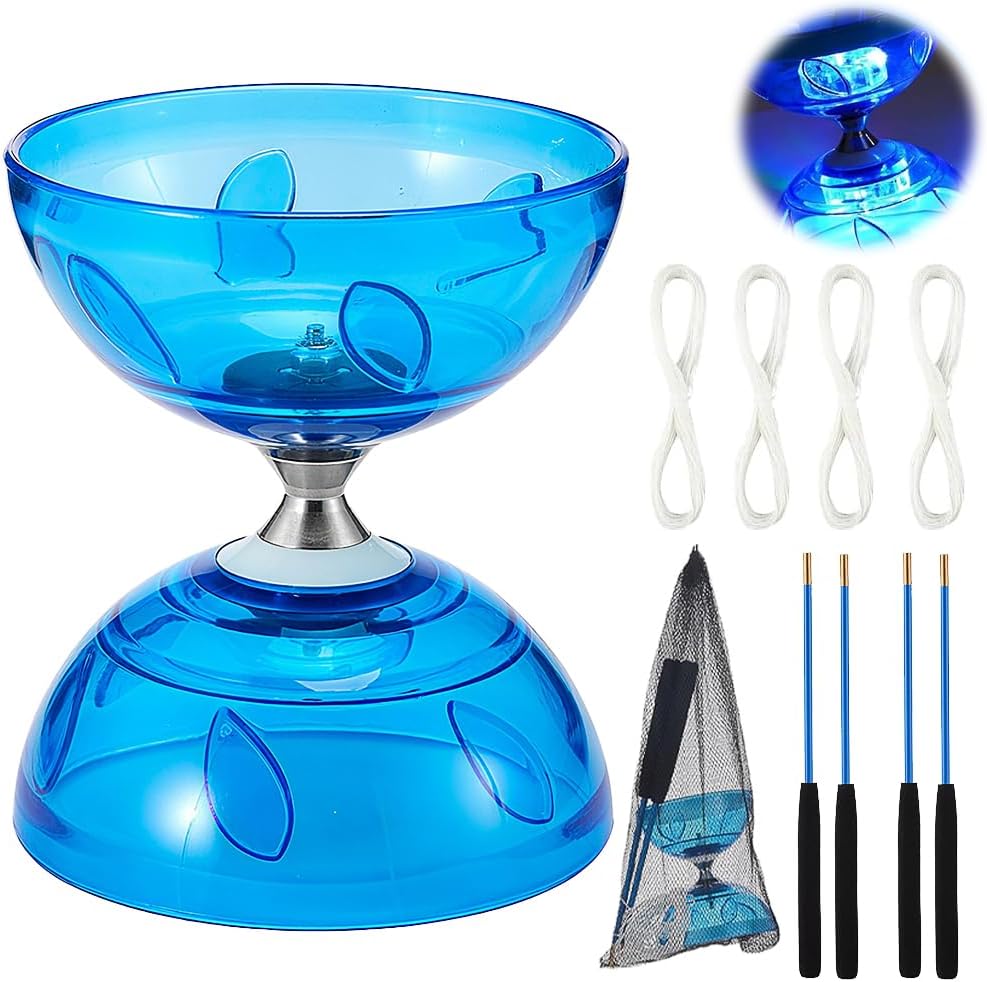 SKIKHN Diábolo LED con rodamiento de bolas, 3 rodamientos con palos y cuerda, juego de malabares para principiantes, con 2 pares de palos de mano + 4 cuerdas de repuesto, para interiores y exteriores