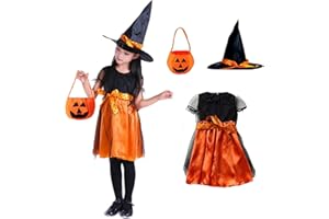 LKOIVNED Deguisement Halloween Enfant, Deguisement Sorciere Fille avec Chapeau Sorciere et sac de Collection, Robe Sorciere Fille pour Halloween Carnaval Vêtements Mascarade Jeux de Rôle Carnaval Cosplay