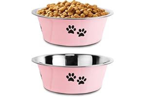 SUOXU Comederos para Perros de Acero Inoxidable de 2 Piezas (Rosa-2020ML) con Base de Goma Antideslizante, a Prueba de derrames, para Perros de Razas Grandes, Medianas y pequeñas