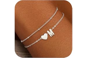 SLOONG Armband Damen Silber Gold, 18K Gold/Silber Vergoldet Herz Armband mit Buchstaben Personalisiert Geschichtet Armbänder Verstellbares Armkette Goldschmuck Geschenke für Frauen Freundin Mädchen