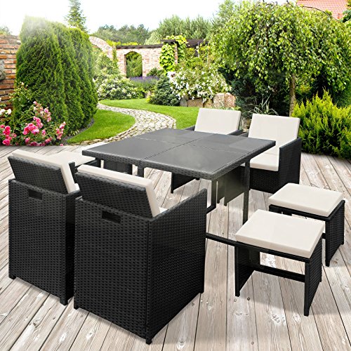 Miadomodo Polyrattan Sitzgruppe Sitzgarnitur Gartenmöbel 9-teilig in der Farbe nach Ihrer Wahl (Schwarz - Sitzkissen: Cremeweiß)