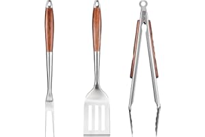 FJNATINH Grillzubehör Set aus Edelstahl mit Holzgriff,3-teiliges BBQ Werkzeug Set inklusive Grillzange, Spatel und Gabel, Praktischer Flaschenöffner - Ideal zum Grillen und als Geschenk
