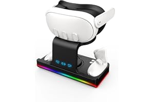 SIKAI CASE Base de charge Meta Quest 3 VR, Support de charge sans fil lumières RVB, Base de charge casque et contrôleur Quest 3, 2 batteries rechargeables Oculus/Meata Quest 3 (Noir)