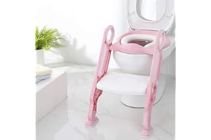 DDMINE Toilettensitz Kinder mit Treppe, Kinder Toilettensitz Toilettentrainer, Weicher WC Sitz, Faltbar Kindertoilette WC Sitz Töpfchentrainer für V-, U- oder O-förmige Toiletten (Weiß-rosa)