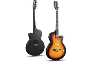 Moukey BCC-100 Guitarra electroacústica de 39 pulgadas con cutaway, pastilla pasiva, funda, correa, púas, afinador y cejilla, modo acústico y eléctrico, color Sunburst