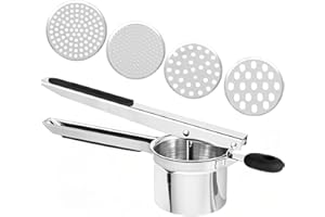 WINDFROMORT Edelstahl Kartoffelpresse mit 4 Einsätzen – Robuste & Ergonomische Kartoffelpresse – Leicht zu Reinigen, Ideal für Kartoffelpüree, Gemüse & Babynahrung