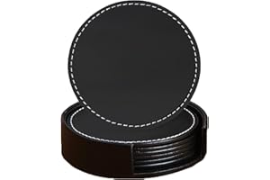 Wityoo Juego de 6 Posavasos Redondos de Cuero Negro,Posavasos con Soporte,Apto para Varias Tazas,Café,Cerveza,Vino,Pub,Mesas de Madera,DecoracióN del Hogar