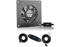 BRIEFCEC USB Fan 80 mm, Digital Display, Temperature Control, Quiet Fan System, 5 V Fan, with Modern Brushed Black Aluminium Frame for Home Cinema AV Cabinet, Pet Cave (Pack of 1)