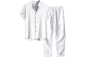 Bkazwe Set da 2 Pezzi in Lino da Uomo Completi Estivi per Le Vacanze al Mare, Camicia a Maniche Corte Casual abbottonata Set di Pantaloni Lunghi Larghi