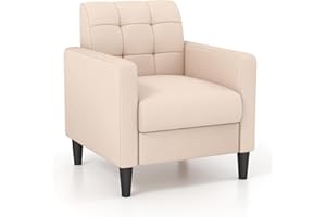 COSTWAY Nowoczesny fotel relaksacyjny, z aksamitu w stylu Mid-Century, tapicerowany fotel z tuftowanym oparciem, podłokietnikami i drewnianymi nogami do salonu, sypialni i biura domowego, beżowy