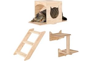 KVIDA 5-teiliges Katzen-Wandregal Set – 2 extra große Plattformen, Katzenhaus & Sisal-Kratzpfosten – Massivholz Kletterwand für große Katzen, platzsparendes Design, Stabiler Katzenregal