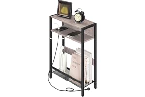 CHOEZON Mesa Auxiliar Estrecha, Mesita de Sofá con Base de Carga, Mesilla de Noche Estrecha, Mesita de Centro con 3 Niveles, Sala de Estar, Gris Envejecido DTBZ05CBH