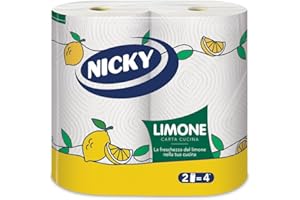 Nicky Limone Carta Cucina - 2 Rotoli da 100 Fogli Assorbenti a 2 Veli, Spessa e Resistente, Fresco Profumo di Limone, Carta 100% Certificata FSC