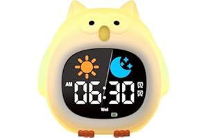 YISSVIC Réveil pour Enfant Educatif Jour/Nuit 2 Alarme/12/24 Heure/Snooze Luminosité de l'Ecran Réglable Lumineux 7 Couleurs Réveil Matin Numérique 10 Chansons Arrêt Automatiquement