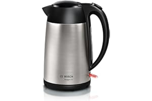 Bosch Bollitore Elettrico TWK3P420, Capacità 1.7 L, Spegnimento Automatico, Beccuccio Antigoccia, Filtro Anticalcare Removibile in Acciaio Inox, Indicatore Livello dell'Acqua, Acciaio Inox, Nero