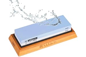 Wakoli Messer Schleifstein 2000er und 5000er Körnung (beidseitig) I Messerschärfer Set - Wetzstein zum Schärfen von Damast und Stahl Messern I Abziehstein mit Holz- und Silikonhalterung