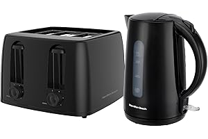 Hamilton Beach Kettle and Toaster Set, Essentials, Electric Kettle, Toaster 4 Slice, Boil Dry Protection, Fast Boil, Space Saving, 6 Browning Levels, Defrost, Reheat & Cancel, Black - HB13015032BST