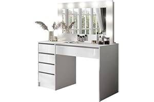 ‎LUKMEBEL lukmebel MADA - Schminktisch mit Spiegel - Schminkspiegel mit Beleuchtung - Schubladen - Weiß Hochglanz (Make Up Tisch, Frisiertisch, Kosmetiktisch, Vanity Table)
