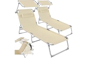 tectake® Set de 2 Chaise Longue Pliante avec Pare Soleil & Appuie-tête - Transat de Plage Inclinable pour Jardin, Exterieur, Camping - Bain de Soleil Relax Salon - Beige