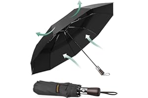 TECKNET Parapluie Pliant Automatique Compact, Parapluie Solide Homme de Voyage, Revêtement en Téflon 210T, Anti-Tempête, Double Toit Coupe-Vent Ventilé, Poignée en Bois Véritable