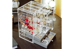 KITERI Acrylic Jewellery Organiser Storage Box 4 Tier Earring Organiser Holder Dustproof Jewellery Box Organiser Acrylic Earring Holder Jewellery Holder Earring Storage With Drawers for Ring Bracelet
