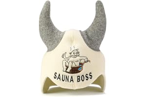 ‎NATURAL TEXTILE Natural Textile Saunahut 'Sauna Boss Devil' White - 100% organische Wollfilzmützen - Schützen Sie Ihren Kopf vor Hitze - Englische Sauna E-Book Handbuch inklusiv - mit Stickerei