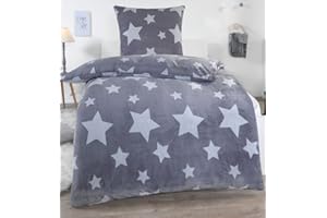 MALIKA Winter Plüsch Bettwäsche Nicky-Teddy Cashmere Coral Fleece 135x200 155x220 200x200 Kissenbezug 80x80 Verschiedene Muster, Größe:135 x 200 cm, Design - Motiv:Star GRAU