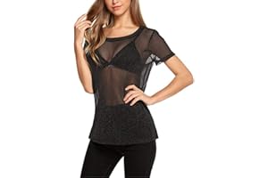 EMOTTOS Women's Sexy Lace Tops, Flocked Printed Sheer Mesh Short Sleeve, Round Neck See Through Jumpsuit for Women, Female Sexy Leotard Clubwear