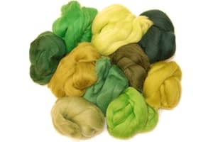 THE WOOL BARN Green Woodland hues Merino Wool roving/Tops. A Mix of 10 Colours. Great for Wet Felting/Needle Felting, and Hand Spinning Projects. 60gm Pack