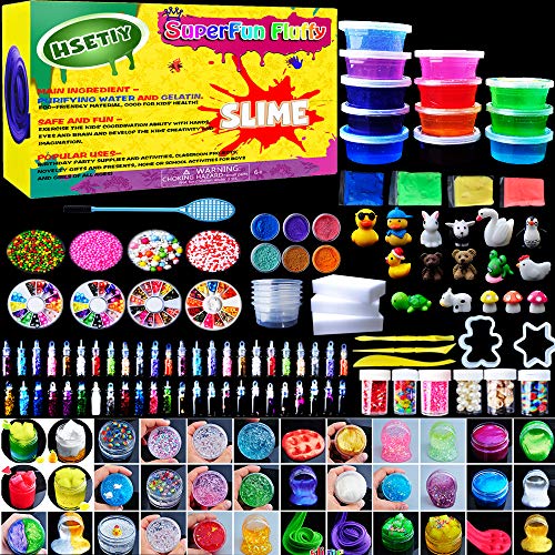 HSETIY Kits de Slime Fournitures Slime Making Kit Inclure 12 Couleur Slime en Cristal, Balles en Mousse, Perles, Paillettes, Confetti, Boîtes de Rangement, Outils de Slime