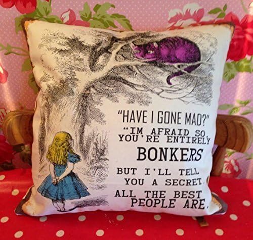 Alice in Wonderland Cushion - Were all Bonkers - blue zig zag