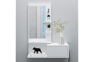 Homidea ENKI Mobili da corridoio sospesi – Armadio a specchio – Armadio pensile – Armadio per ingresso con cassetto, specchio e ripiano dal design moderno (bianco/bianco)