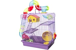 JEL PLAST Hamster Cage with Tubes and Wheel, 3 Tier Hamster Cage Platform with Top Access, Multi Level Cage, Easy Clean and Assembly, Includes Hamster House and Feeder Bowl, 39L × 27W × 42H cm - Lilac