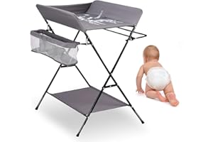 Homewell Comò fasciatoio, fasciatoio portatile, pieghevole, con fasciatoio, cintura di sicurezza, scomparti, motivo carino e indicazione dell'altezza, stabile e confortevole (grigio)