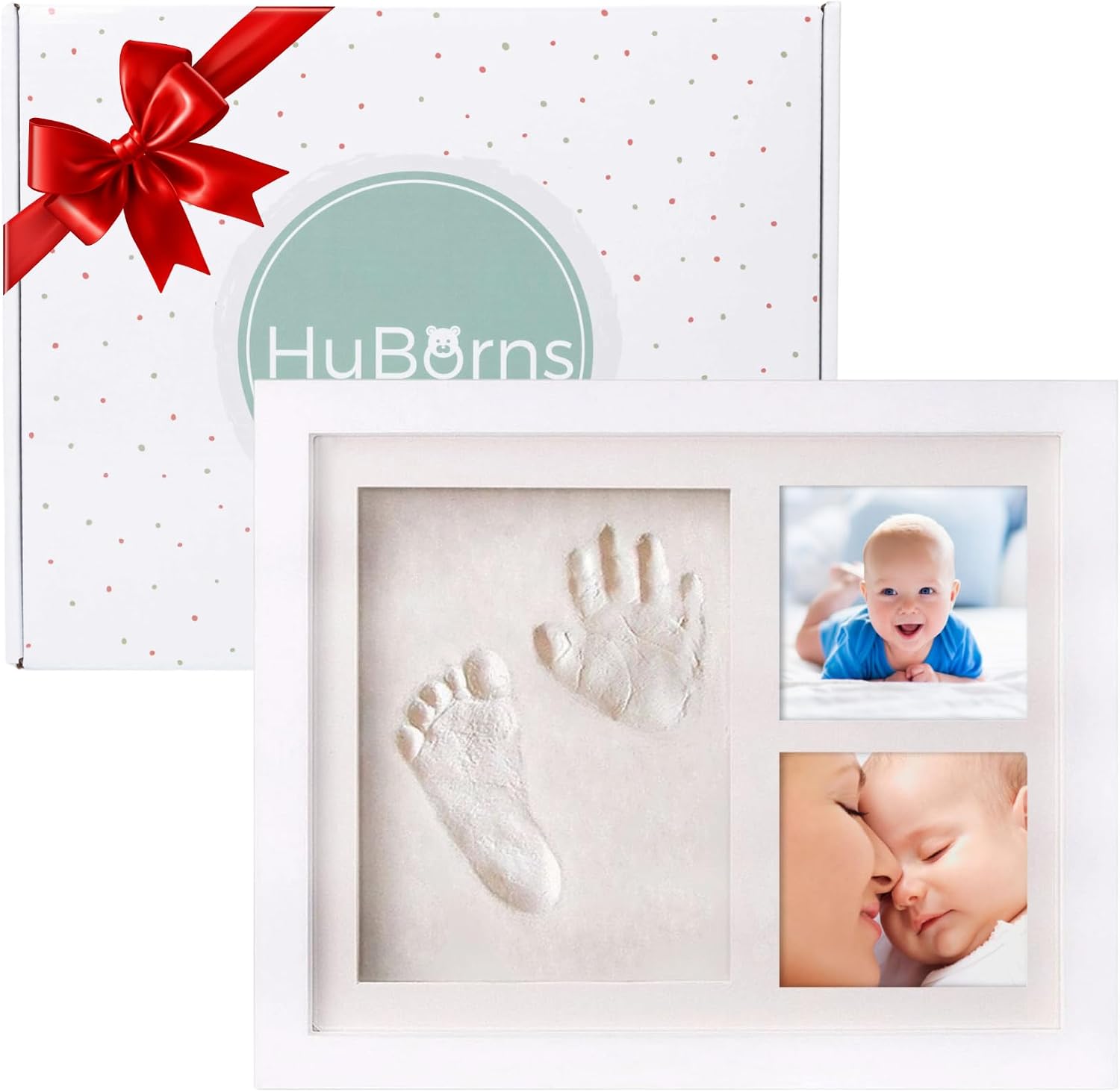 HuBorns – Marco huellas bebé recién nacido con arcilla, kit completo para huella pie y mano, cuadro recuerdo original, regalo bebé niño o niña y decoración habitación infantil (Blanco cuadrado)