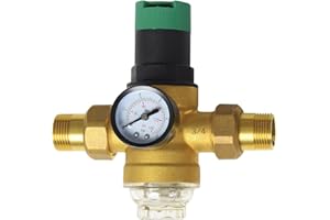 AQUA HEATING Regolatore di Pressione dell'acqua 3/4'' con Manometro e Dispositivo di Misurazione con Filtro a Maglia Valvola Riduttrice di Pressione Regolabile in Ottone
