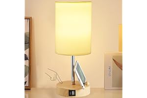 Briever Touch Control Table Lamp for Bedroom, 3-Way Dimmable Nightstand Lamp with USB Charging Ports, Bedside Desk Lamp with Woodgrain Phone Stand & Linen Fabric Shade, Bulb Included