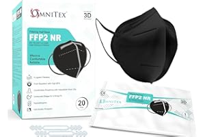 Omnitex FFP2 Black Face Mask - Box of 20, Individually Wrapped | High Filtration - 5 Layers | EN149 CE Certified | Hypoallergenic | Fluid Resistant | Adaptable Nose Bridge | 5x Extenders